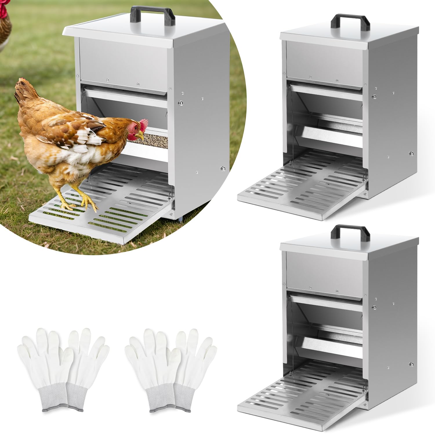 Comedero automático para gallinas, 5 kg, con pedal automático, alimento para pollos para aves de corral, accesorio ideal para pollos, resistente al agua y a prueba de ratas, galvanizado