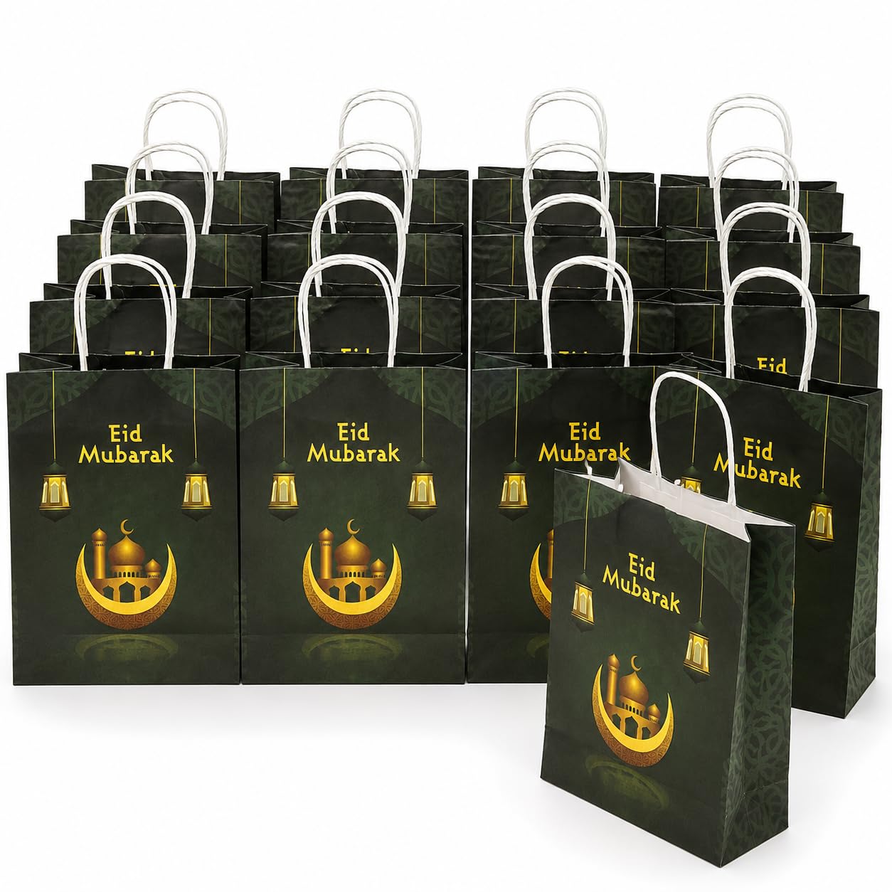 Festiko® Set of 12 Pcs Paper Gift Bags for Ramadan/Eid (Green & Golden - 9.5 x 8 x 3 inches), Gift Bags for Ramadan, Eid Party Supplies-image-30