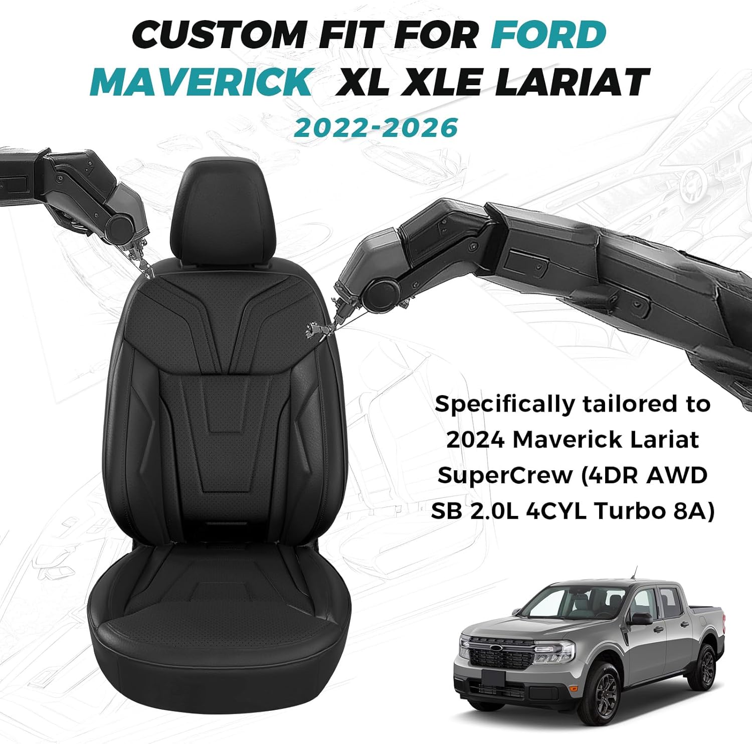 for ford maverick seat covers xl xlt lariat lobo tremor 2022 2023 2024 2025 2026, custom fit car seat covers full set, luxury waterproof car interior accessories cushion protectors, black full set & black 2022-2026 xl xlt lariat lobo tremor