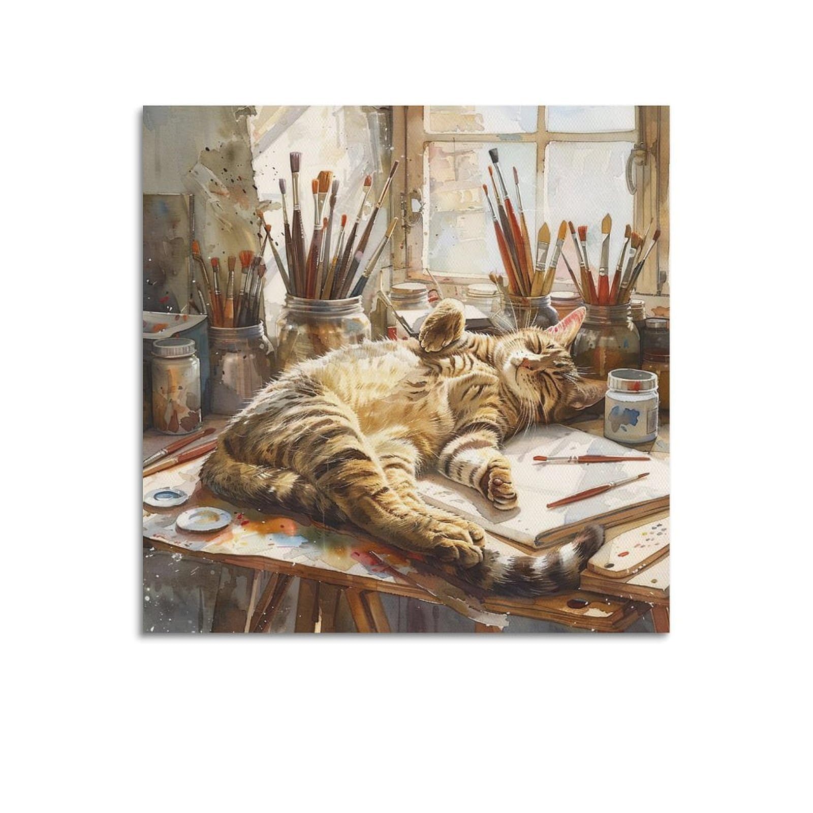 OKAHYS Vintage Sleeping Tabby Cat Watercolor Artwork Poster Decorative Painting Canvas Wall Artworks Picture 20x20inch(50x50cm)
