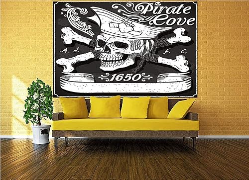 Miniatura 7 de Vinilo de pared de 55.0 x 30.0 in con diseño de calavera de piratas con sombrero, bandera de isla desierta, para despegar y pegar, autoadhesivo,
