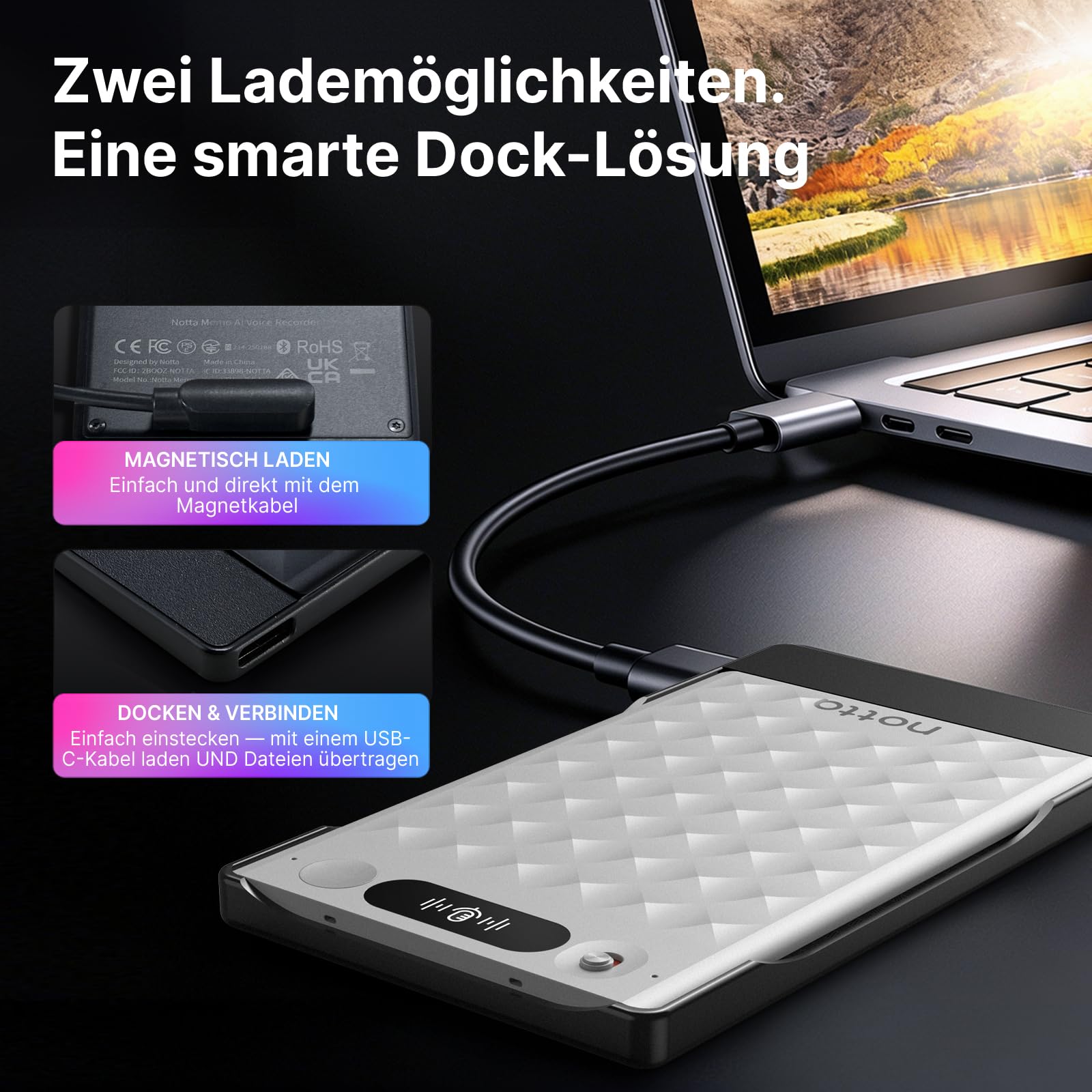KI-Sprachrecorder, Notta Memo Digitales Diktiergerät(Silber), inkl. Memo MagBridge, KI-Transkription & Zusammenfassung in 58 Sprachen, 2000h Speicher, EIN-Knopf-Aufnahme für Anrufe