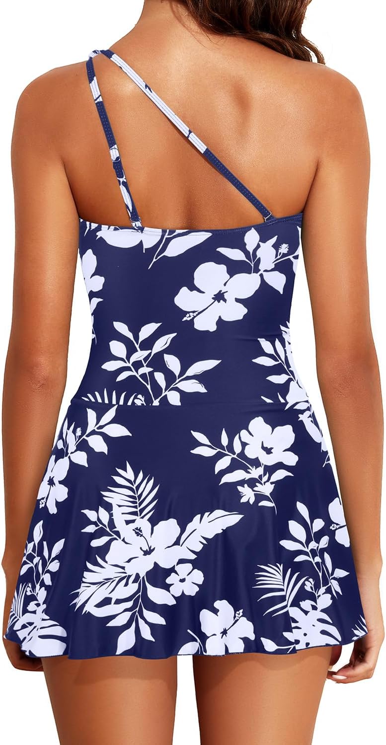 tempt me women one piece swim dress one shoulder swimsuit with skirt tummy control swimdress bathing suit x-large navy white flower