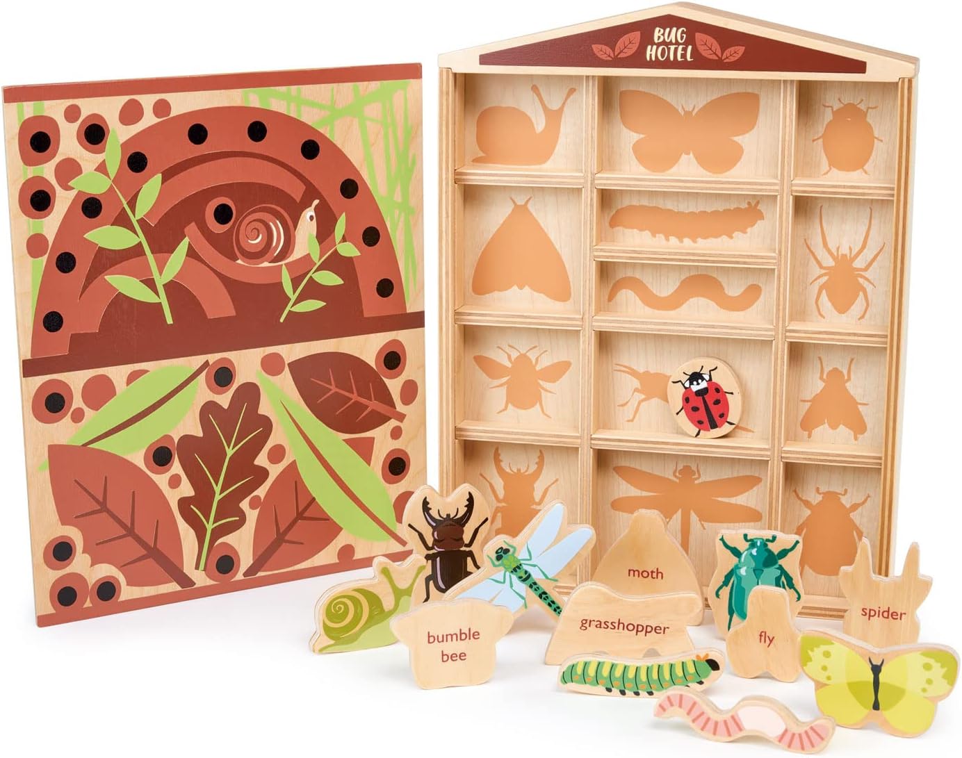 Tender Leaf Toys - The Bug Hotel - 13 Wood Garden Bugs with Shelving Unit and Front Panel - Made for Little Hands - Open-Ended Nature Play - Science Learning Toy for Boys and Girls - Age 3+