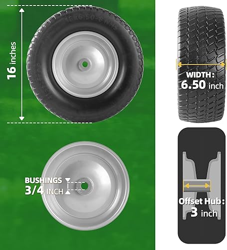 Miniatura 2 de Paquete de 2 llantas y rines 16 x 6.50-8 - Llantas sólidas de goma para cortacéspedes con cubo con desplazamiento de 3 pulgadas y bujes de 34 de