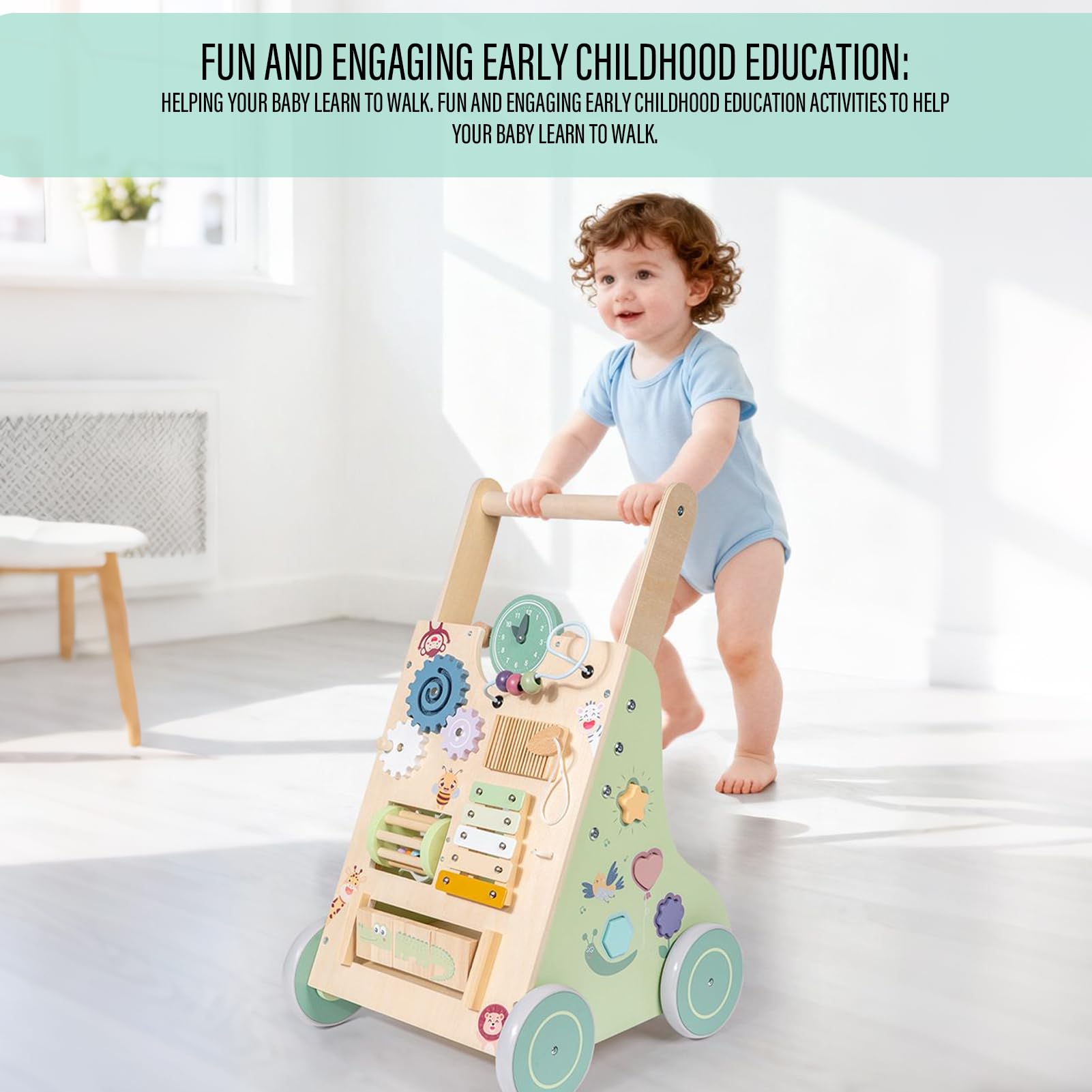Andador de Madera para Niños Juego Silencioso con Mango Ajustable