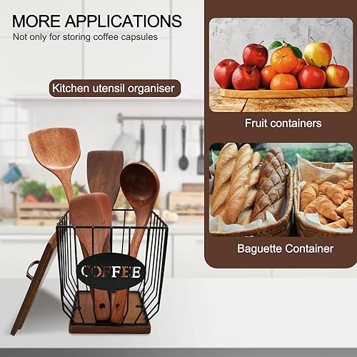 Miniatura 7 de MFBJXC Soporte cuadrado para cápsulas de café con tapa y base de madera, cesta de almacenamiento de cápsulas de café de alambre de gran capacidad