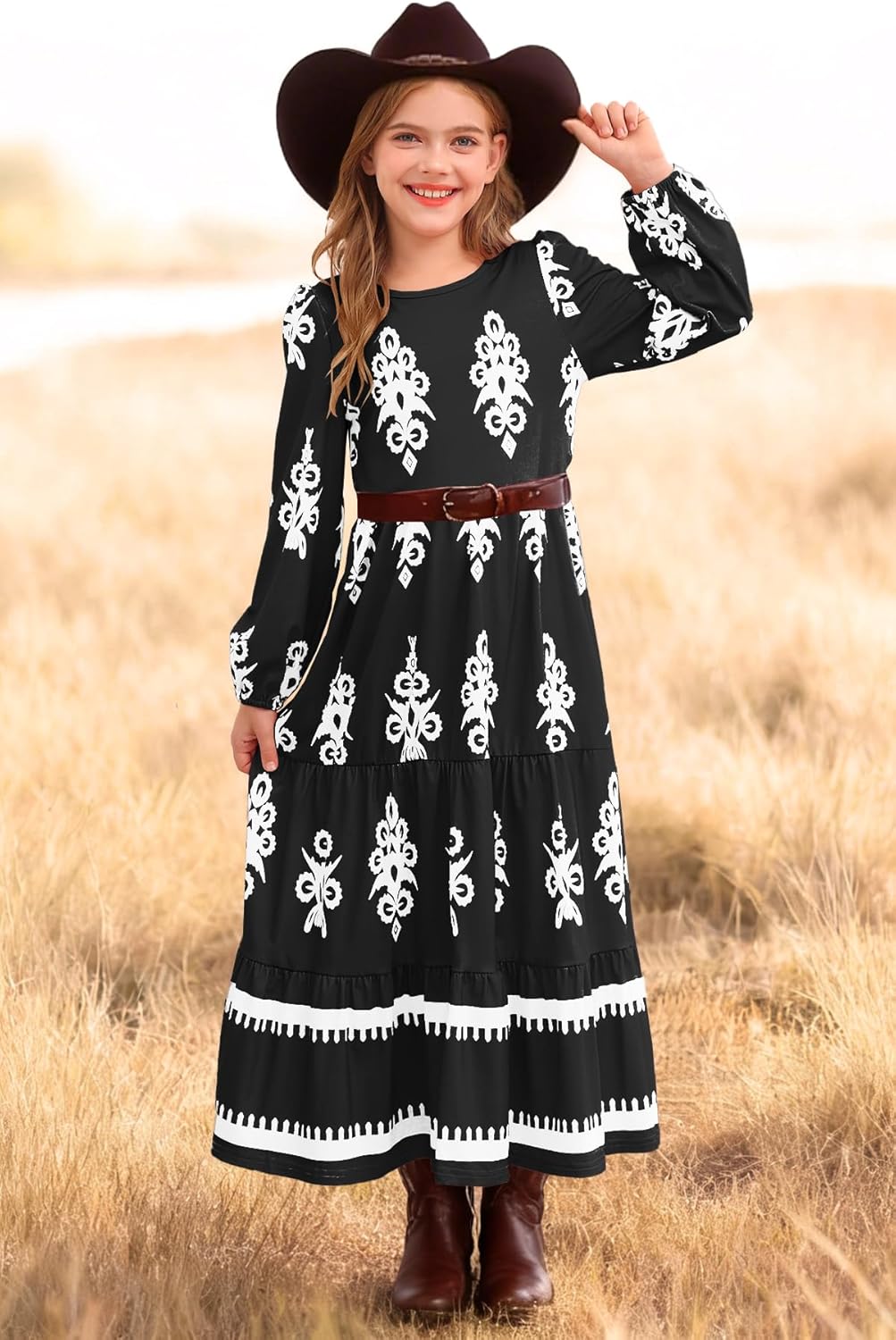HOSIKA Girls Fall Maxi Dress Long Sleeve Boho Floral Tiered Ruffle A-Line Casual Holiday Dresses with Pockets for 6-12 Y - Image 2