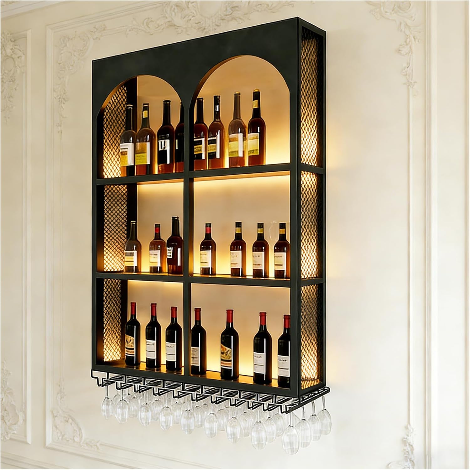31.5in Wine Mounted Wine Rack with LED Light, 3-Tier Large Bar Shelves with Wine Glass Rack, Floating Bar Shelves, 6-Grid French Arched Retro Design, for Home Bars/Kitchens/Dining Room (Black, 31.5in)