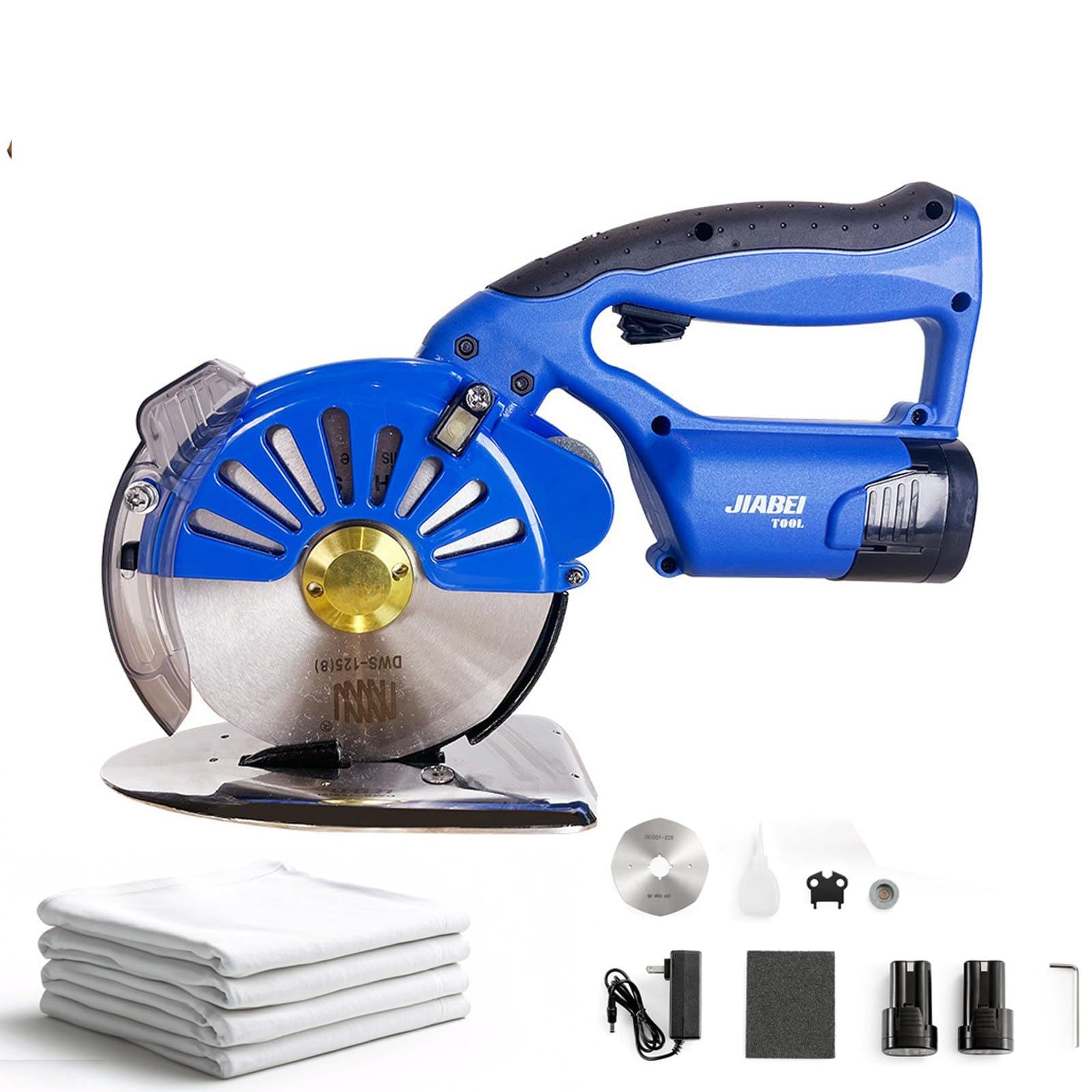 Cutter Elettrico, Taglierina Circolare, Taglierina per Tessuti | Motore Brushless, Affilatura Automatica, Spessore 40mm, Lama HSS 125mm, 2 Batterie 2500mAh, 5 Velocità, Peso 1.7kg, LED