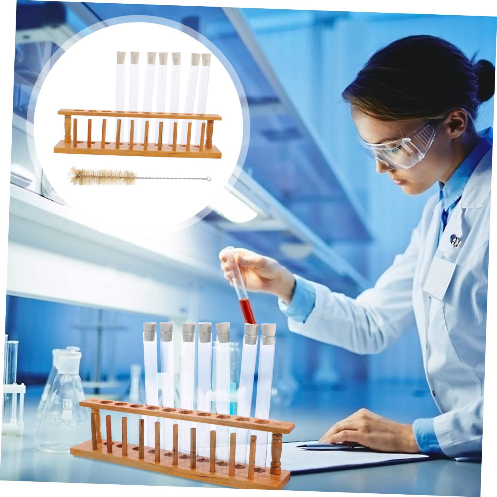 PRETYZOOM Set Di Provette Con Tappo 10 Pezzi in Vetro Con Portaprovette in Legno e Spazzola Per Pulizia, Kit Provette Per Esperimenti Scientifici in Laboratorio, Scuola e Università