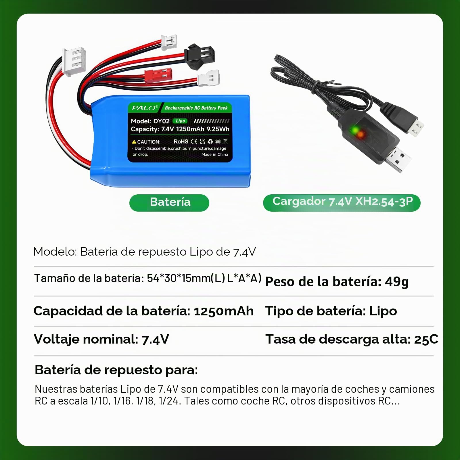 Batería Lipo 7,4 V 1250mAh PH2.0/JST/SM-2P/MX2.0 batería 25C, Enchufe Equilibrio XH2.54-3P y Cargador USB, para WLtoys RC Crawler SCX24 CR18P FCX18 FCX24, para Coche RC Avión, 2 Piezas