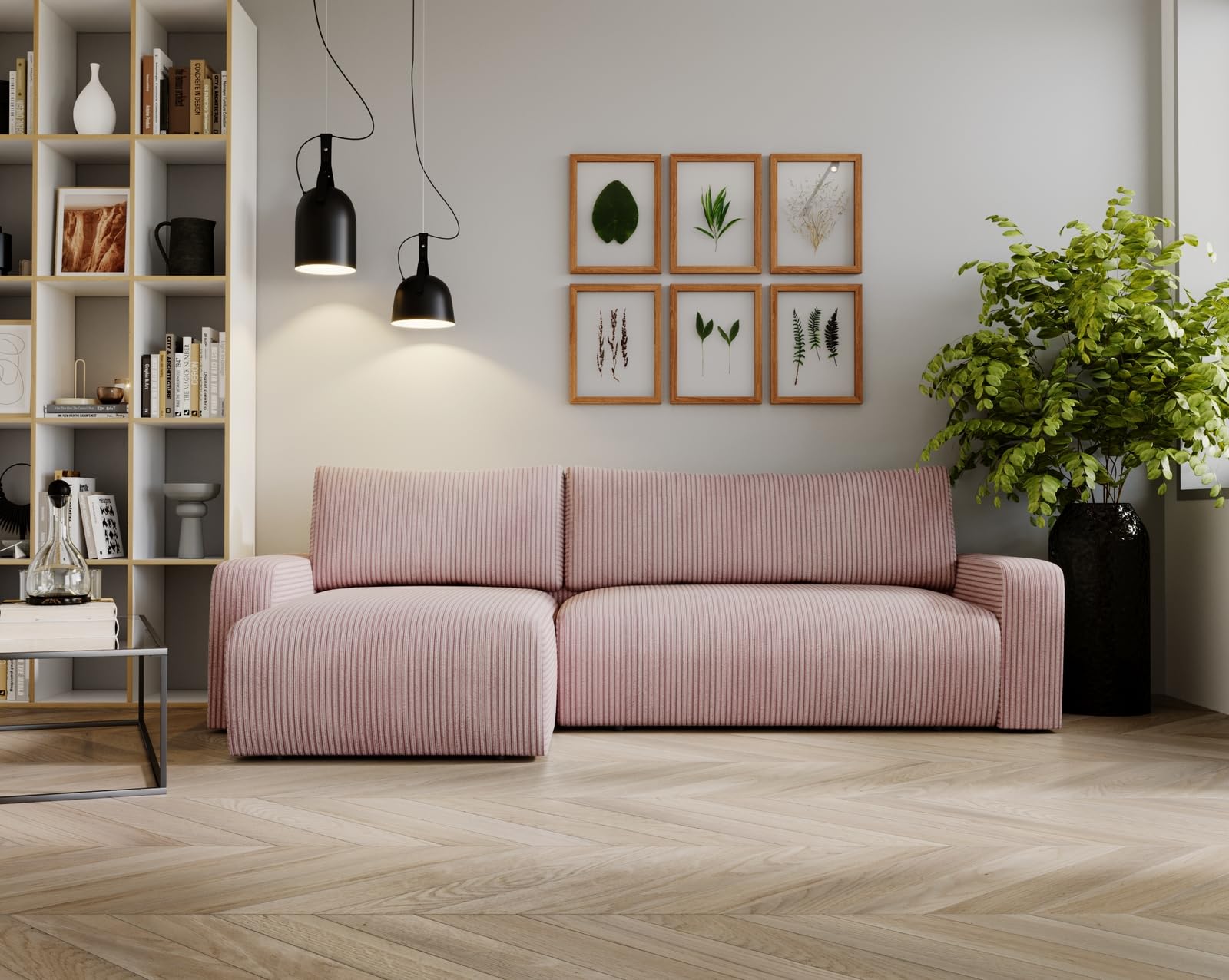 Kaiser Möbel, Ecksofa mit schlaffunktion, mit Bettkasten, Schlafsofa Argon, Designer Sofa, Modern Design Couch, Polsterecke, Freistehend, Zoom Stoff- Dicker Cord Rosa Ottomane Links Küche, Haushalt & Wohnen