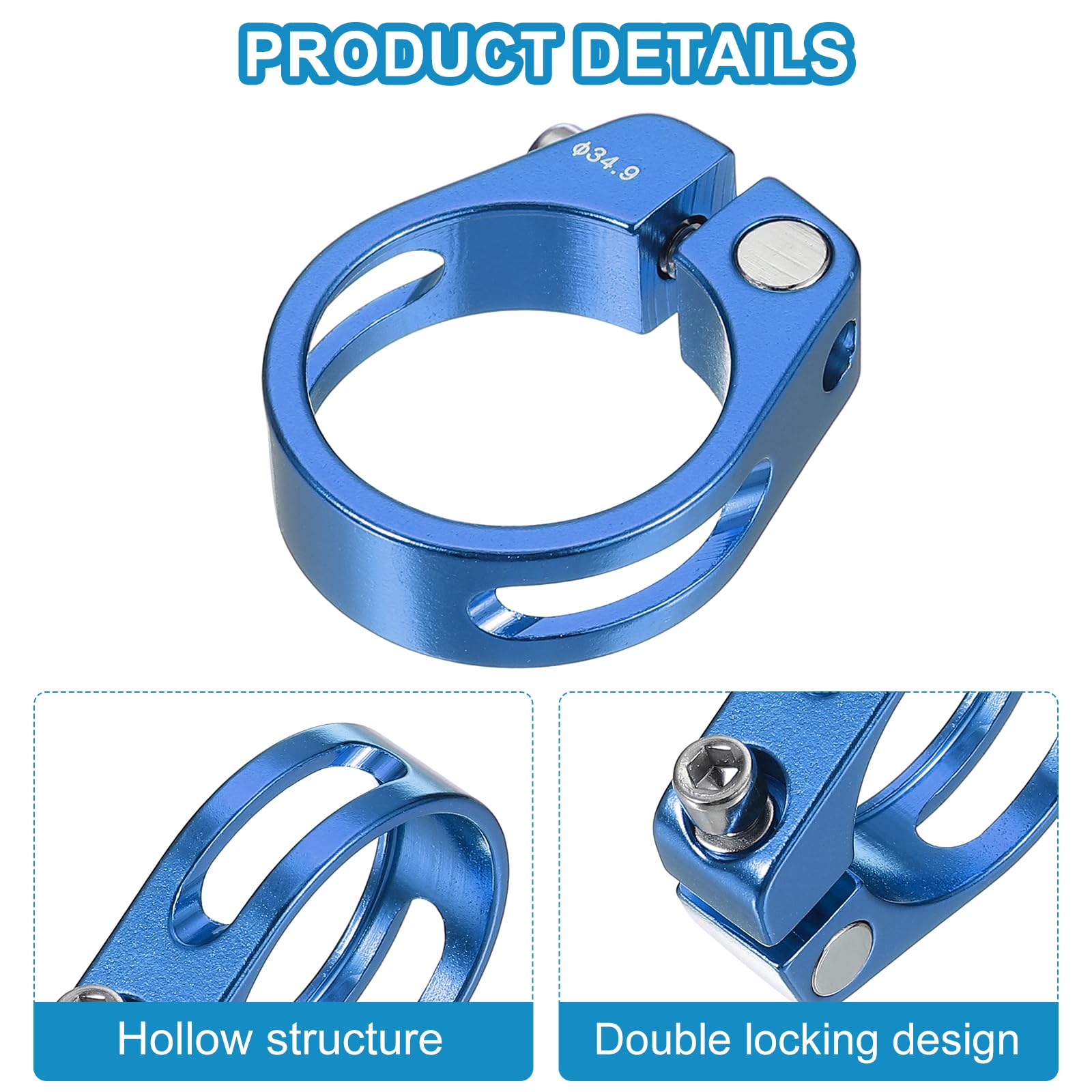 PATIKIL Zacisk sztycy rowerowej, 34,9 mm, stop aluminium, zacisk do szybkiego zwalniania, do roweru górskiego, szosowego, biegu, roweru składanego, niebieski