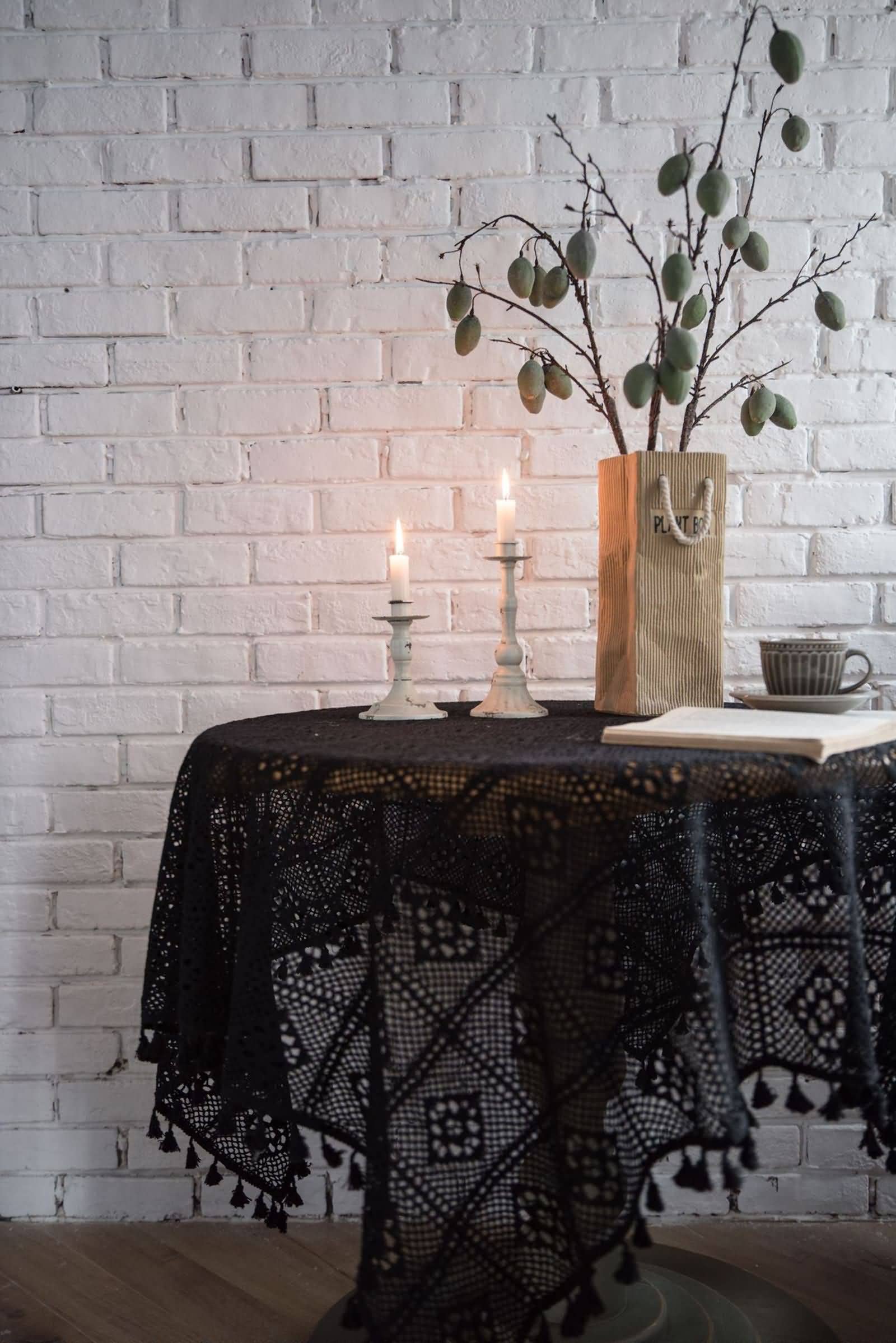 Mantel Elastico Mesa Rectangular MEDA Cocina Tejido De Celosía Hueca con Borla Protector Cristal Etnico Negro Algodón Protección Decoración 85X85Cm