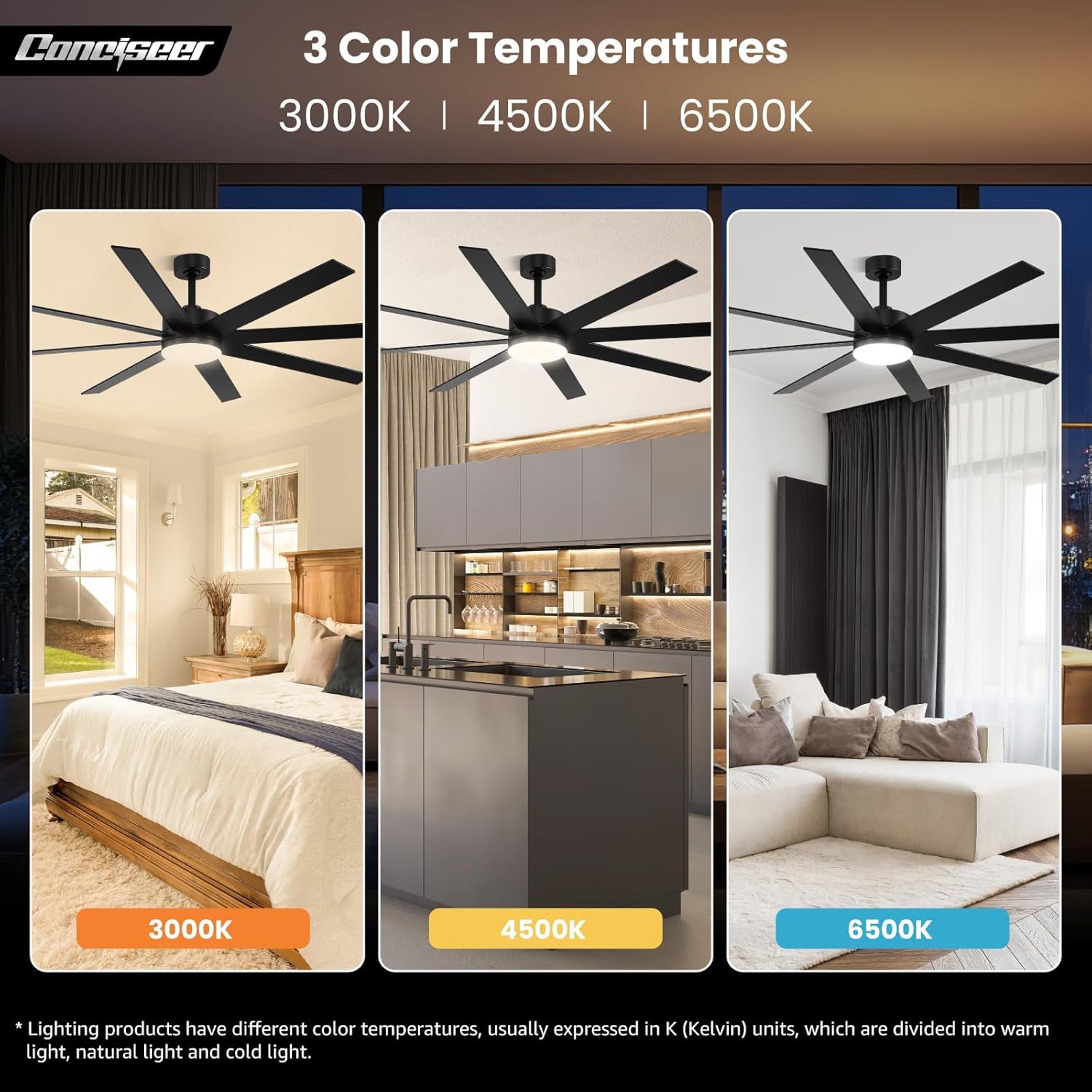 Modern 72 Inch Ceiling Fans with Lights and Remote, Dual Color 8 Blades,Living Room Office Library Cafe Outdoor Industrial, 24W 3CCT 6 Speed Reversible Quiet DC Motor, Black/Wood Grain