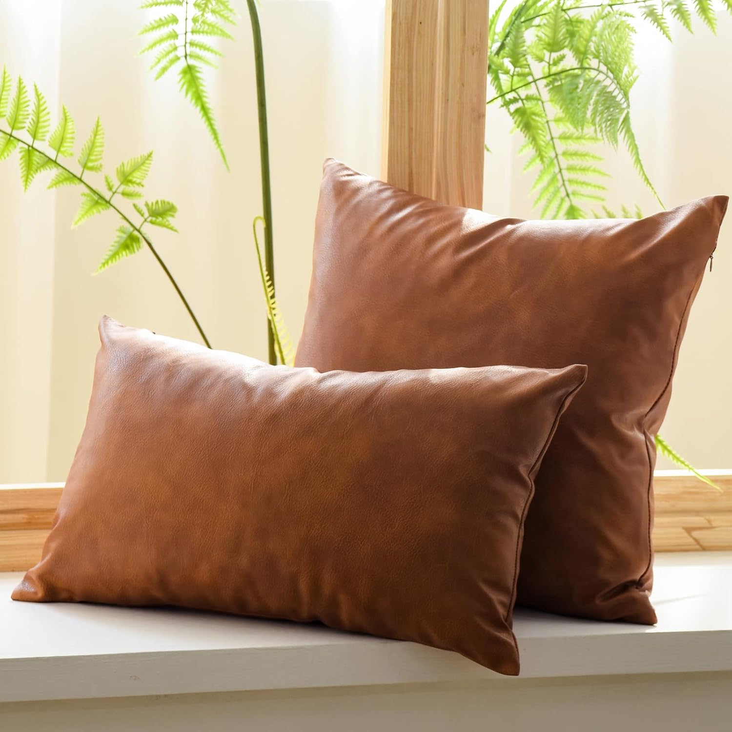 Pack of 2 Oversized Faux Leather Neutral Decorative Throw Pillow Covers 28x28 inch Soft Modern Boho Luxury Waterproof Floor Cushion Cases for Outdoor Lounge Sofa Couch Bed Home Deco