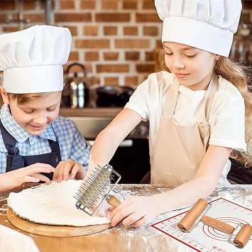 Set of 3 Pizza Kit Including Stainless Steel Pizza Dough Roller, Wooden Docker Rolling Pin and Non-slip Silicone Baking Mat, Dough Hole Maker for Cookie Pie Pastry Crust
