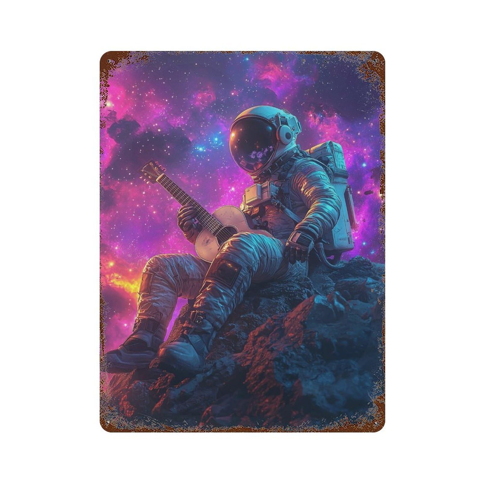 Astronaut Playing Guitar in Space Aged Metal Wall Plaque 15.7"x11.8", Industrial Home Decor for Garage, Pub Or Kitchen