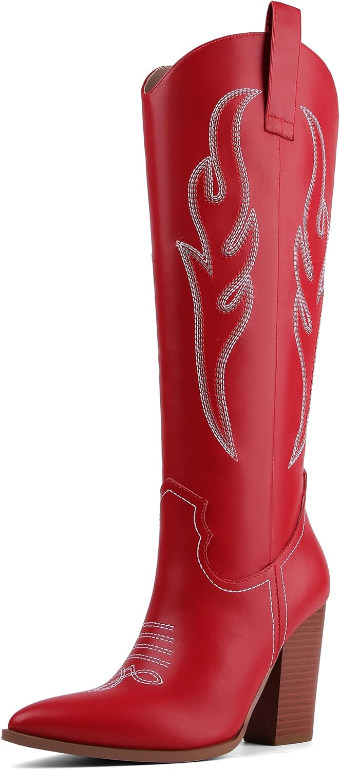 Celbreez Cowboy Boots for Women Cowgirl Boots Women Suede Knee High Boots Rhinestones Embroidered Western Boots Pointed Toe Chunky Heel Side Zip Festival Country Concert Shoes