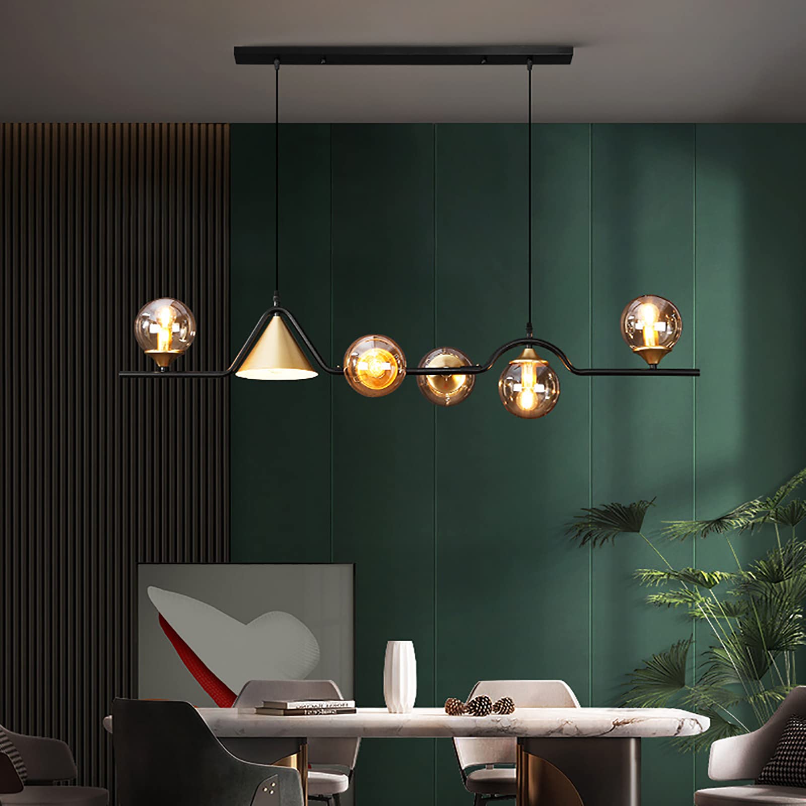KXEcoLife Modern Black Glass Ball LED Pendant Light Chandelier for Kitchen Island Nordic Style 6 Linear Hanging Ceiling Fixture with Globe Shade 47x10inch