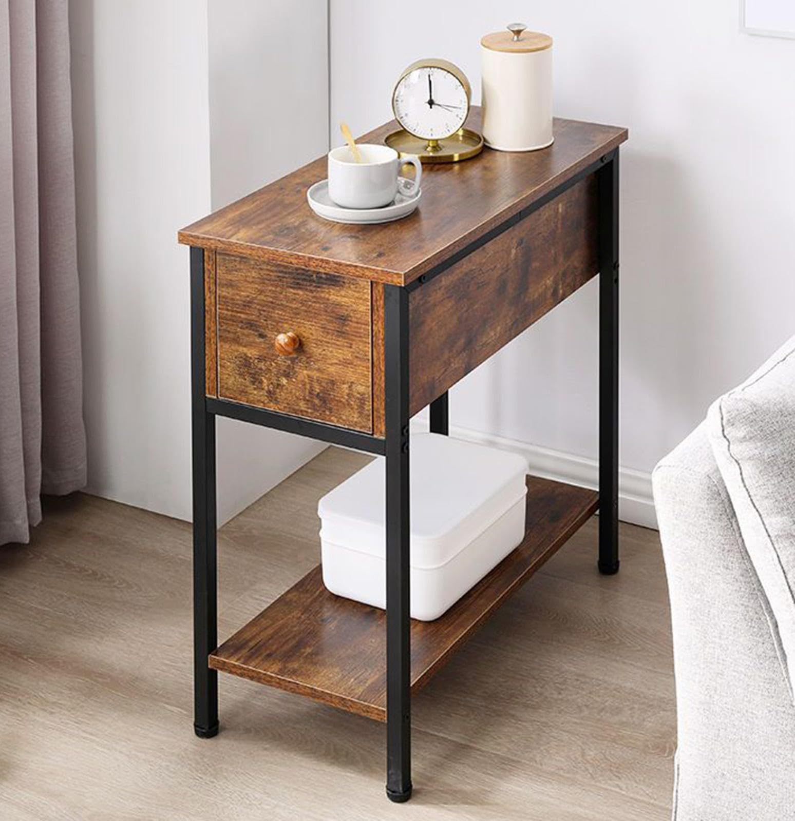 Table de chevet industrielle en bois avec tiroir et étagère de rangement pour chambre