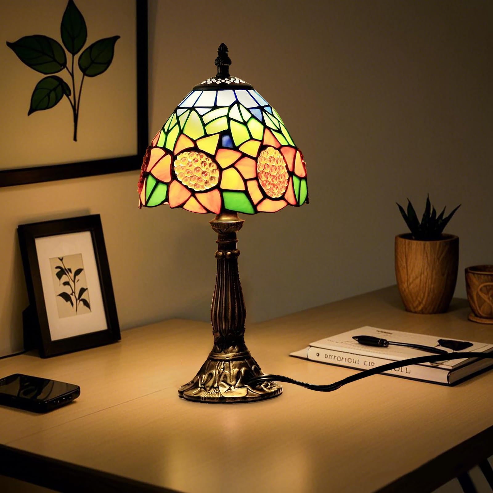 Plynvexa Tiffany Style Table Lamp 6.5" Sunflower Stained Glass Lamp Vintage Handcrafted Design for Bedroom Living Room Study Light — image 1