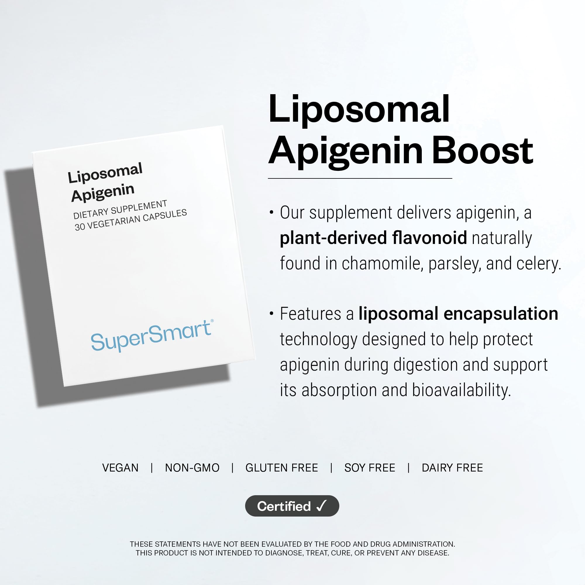 Liposomal Apigenin - Apigénine Liposomale Haute Biodisponibilité - Longévité, Relaxation et Santé Cérébrale - NAD booster - Complément Alimentaire Anti-Âge - 30 Gélules Végétales - SuperSmart