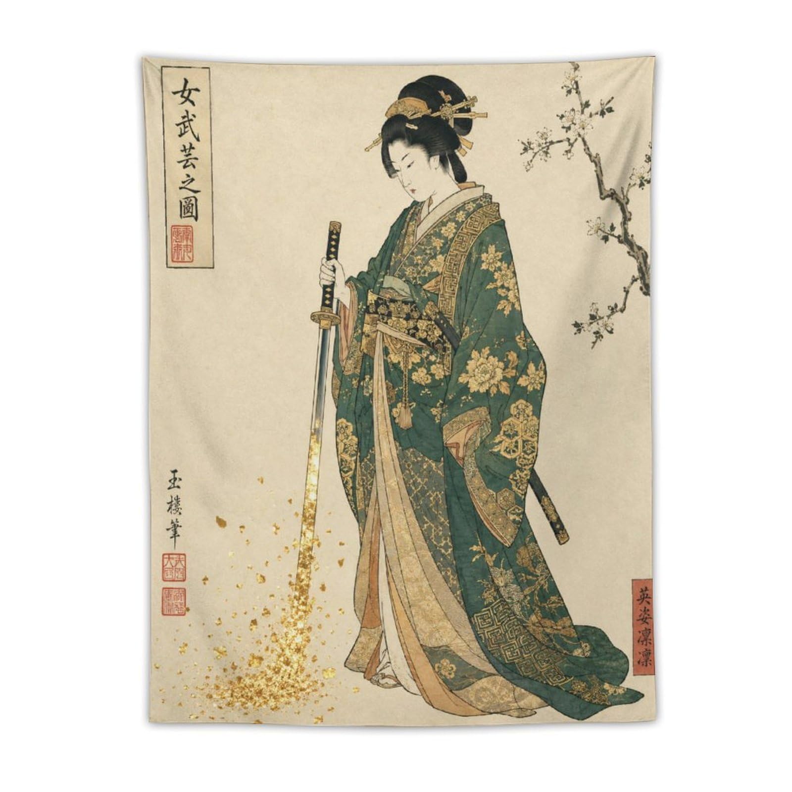H3B8U2Y5 Japanese Woman with Sword Wall Tapestry, Ukiyo-e Style, Dorm Room