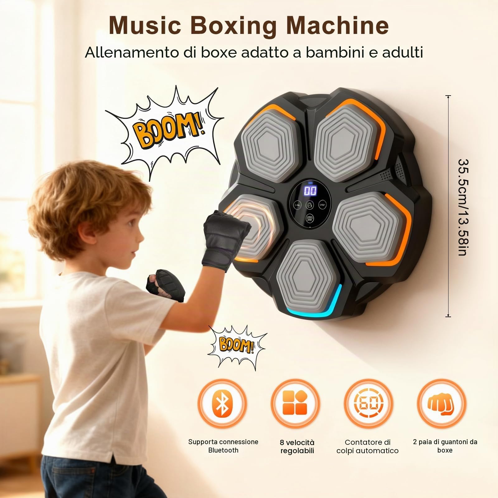 Macchina da Boxe Musicale- 8 velocità Music Boxing Machine con 2 Paia di Guanti da Boxe, Conteggio Intelligente,Bluetooth Smart - LED Musica Bluetooth Boxe Allenamento per Casa