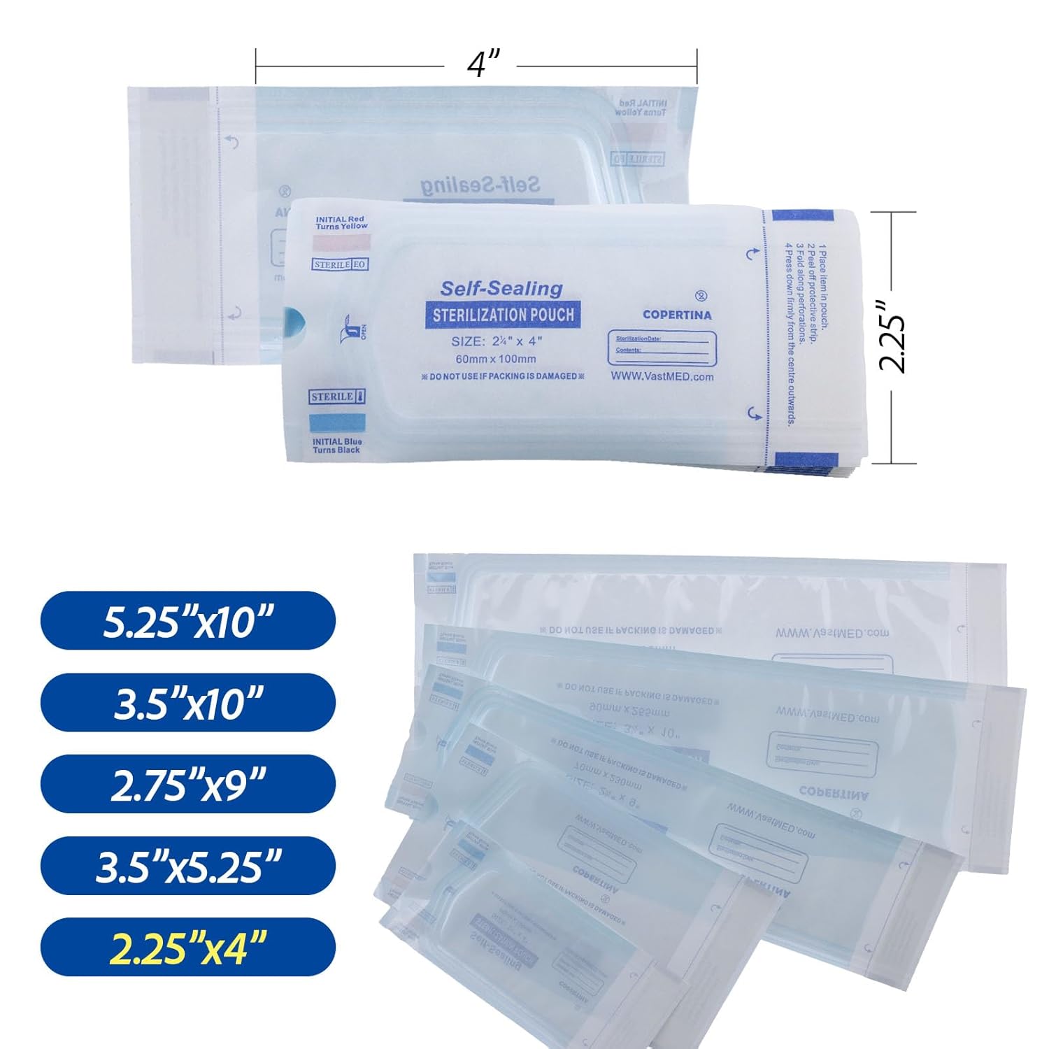200 Pcs Self Sealing Sterilization Pouches 2.25” x 4” | Dual Indicators Autoclave Sterilizer Bags for Dental Medical Instruments Clean Tools