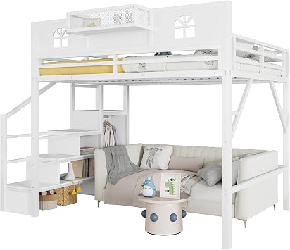 Queen Size Loft Bed with Storage Stair, Guardrail, White