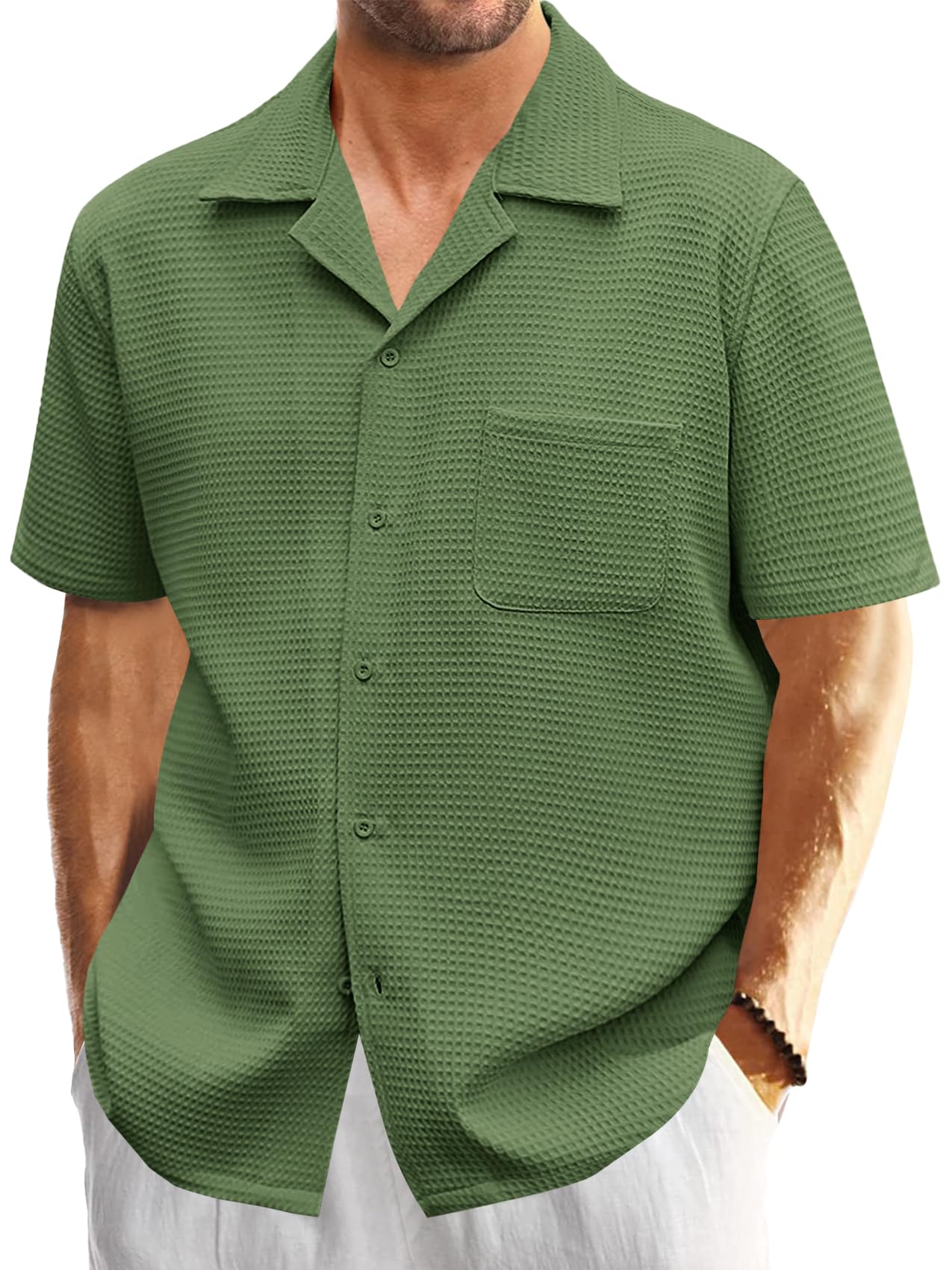 RuncatiMens Waffle Button Down Shirt Short Sleeve Loose Fit Cuban Summer Beach Plain Tops