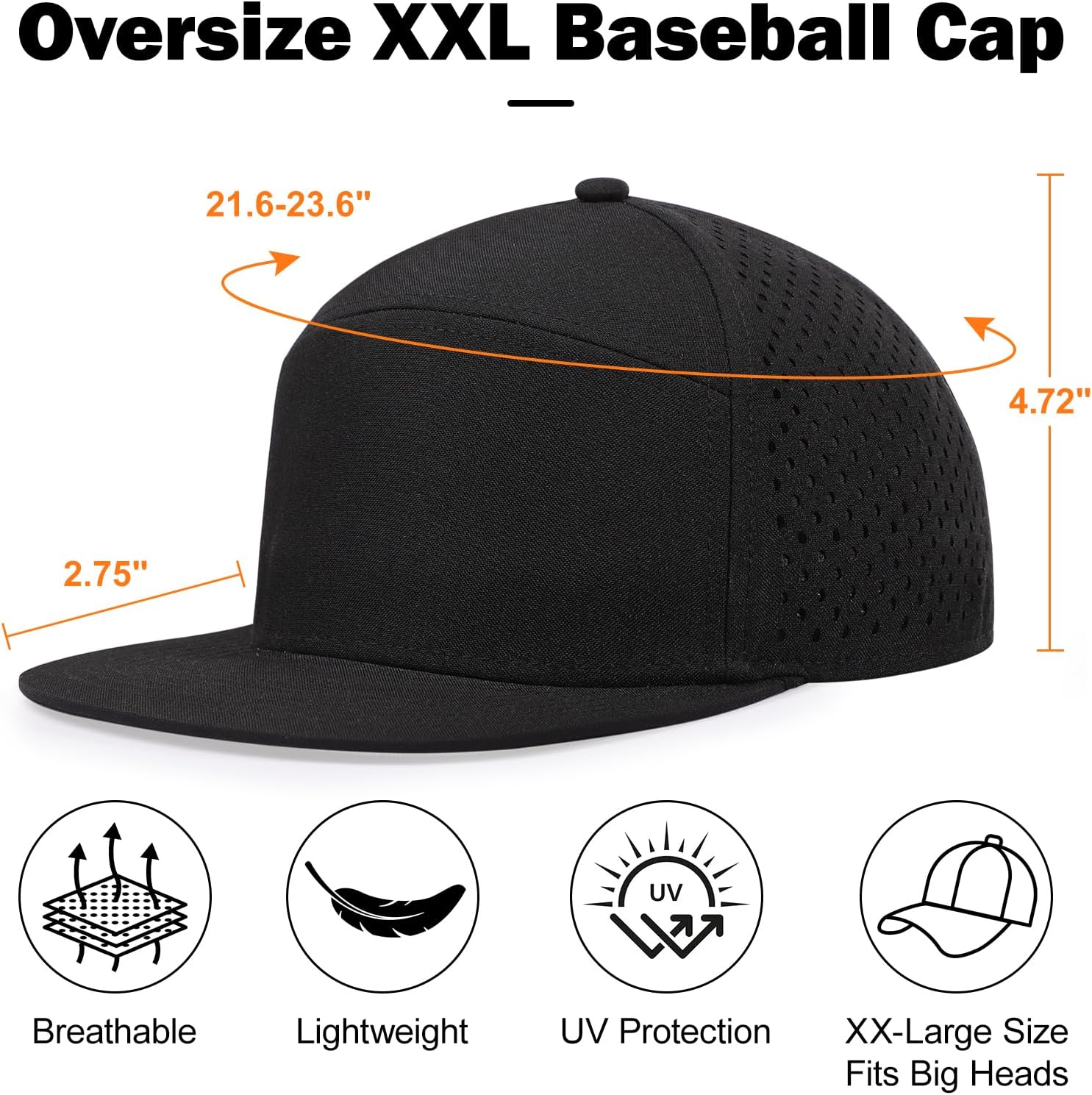 Men's Oversize XXL Flat Brim Baseball Cap Adjustable Performance Snapback Hat Laser Perforated Cap Plus Size for Big Head - Image 4