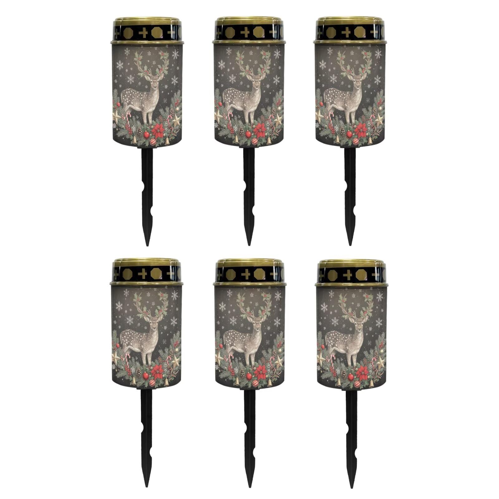 Poceacles Christmas Decor Solar Powered Flameless Candle Cemetery Votive Candles Holiday Outdoor Memorial Solar Stake Lights, Deer Christmas Poinsettia, Pack of 6