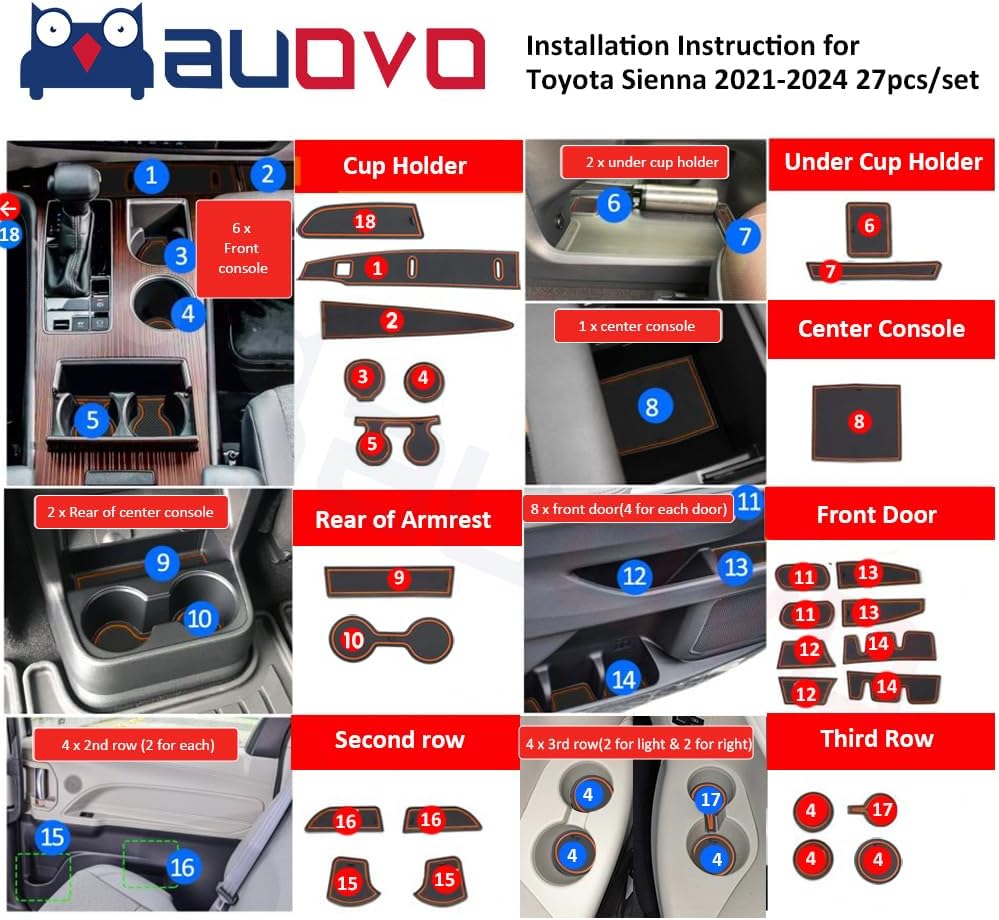 Auovo Anti Dust Door Mats for Toyota Sienna 2024 2023 2022 2021 Accessories Interior Custom Fit Car Cup Holder Insert Center Console Door Compartment Liners 27pcs (Orange)