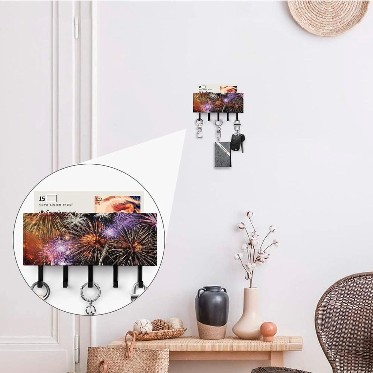 Key Holder Wall Mount Key Hanger with 5 Hooks, Decorative Key Rack | Explosion Firework Hanging Key Hooks with Mail Organizer for Wall Living Room Kitchen Bathroom Hallway