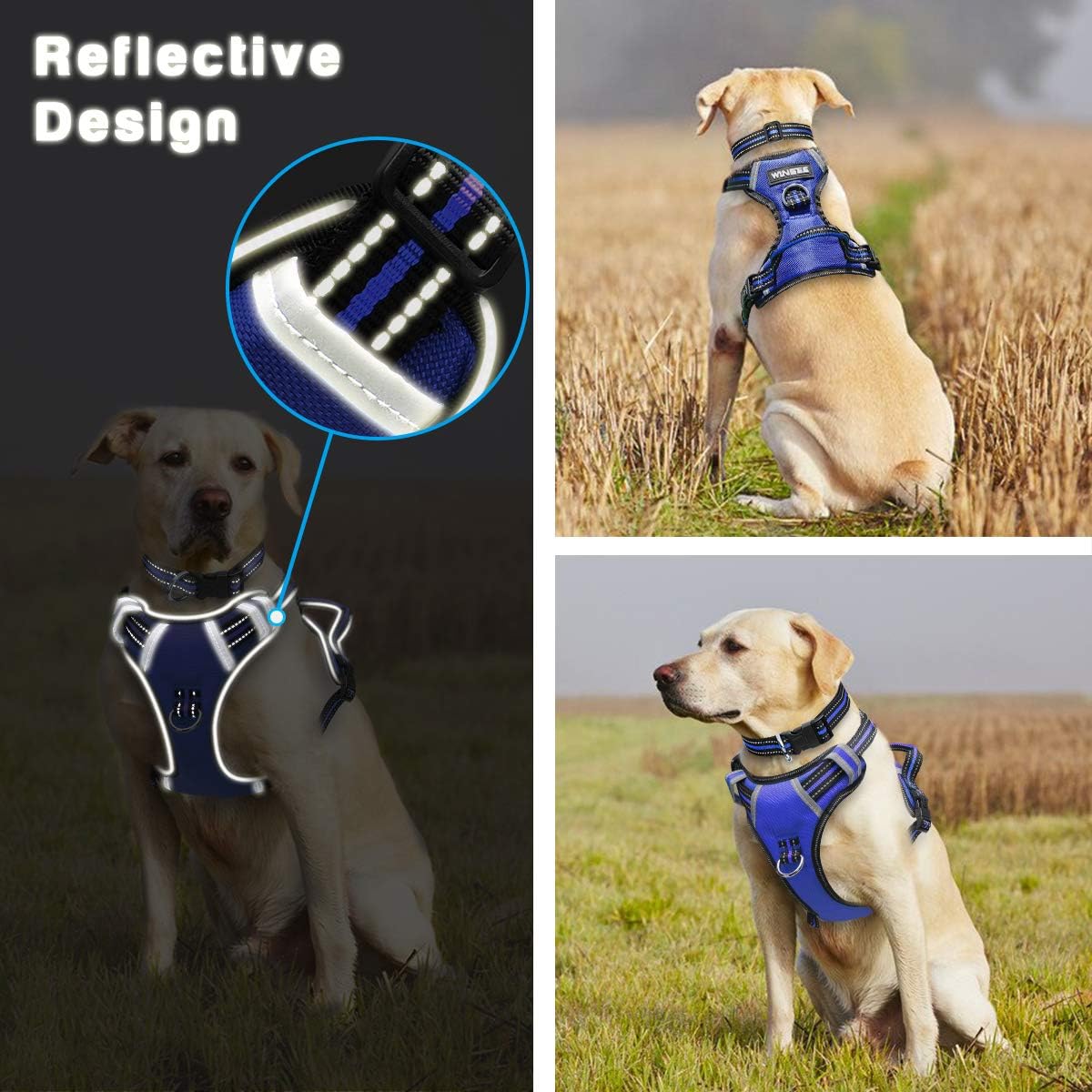 WINSEE Dog Harness No Pull, Pet Harnesses with Dog Collar, Adjustable Reflective Oxford Outdoor Vest, Front/Back Leash Clips for Small, Medium, Large, Extra Large Dogs, Easy Control Handle for Walking