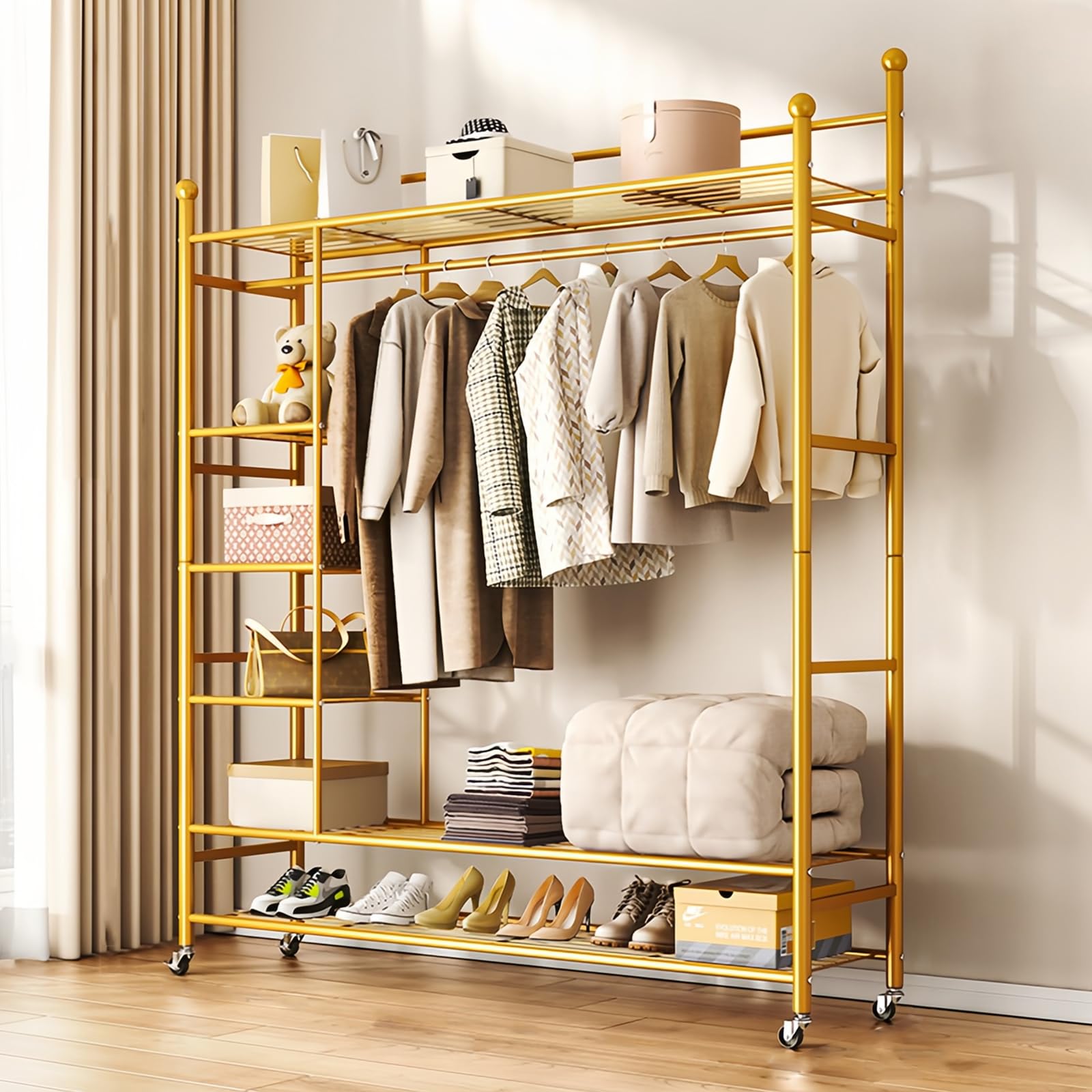 Tringle à vêtements robuste à trois niveaux de rangement et étagères