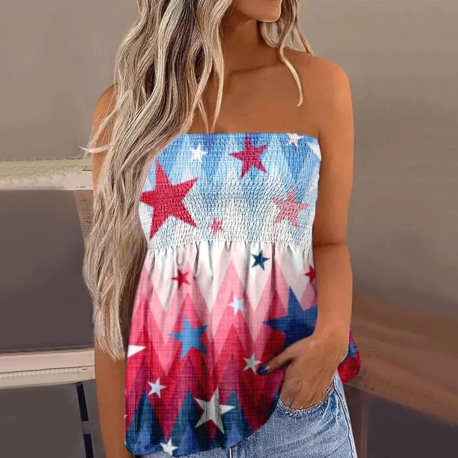 Miniatura 2 de USA Flag Tops for Women Strapless Off The Shoulder Shirt Dressy 4th of July Top Form Fitting Basic Blouses