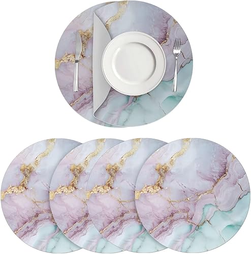 Miniatura 50 de Juego de 6 manteles individuales redondos resistentes al calor de mármol dorado de 15 pulgadas para decoración de mesa de comedor resistente al