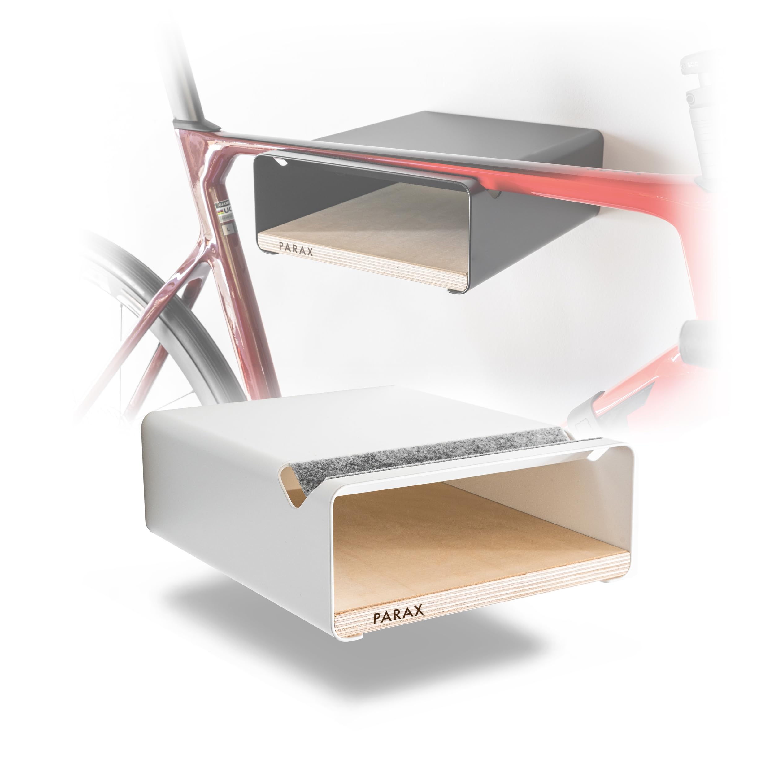 PARAX Fahrrad Wandhalterung mit Ablageboard - modernes Design für Wohnung - Metall & Holz, Filzauflage, Weiß - M (Lenker bis 50 cm)