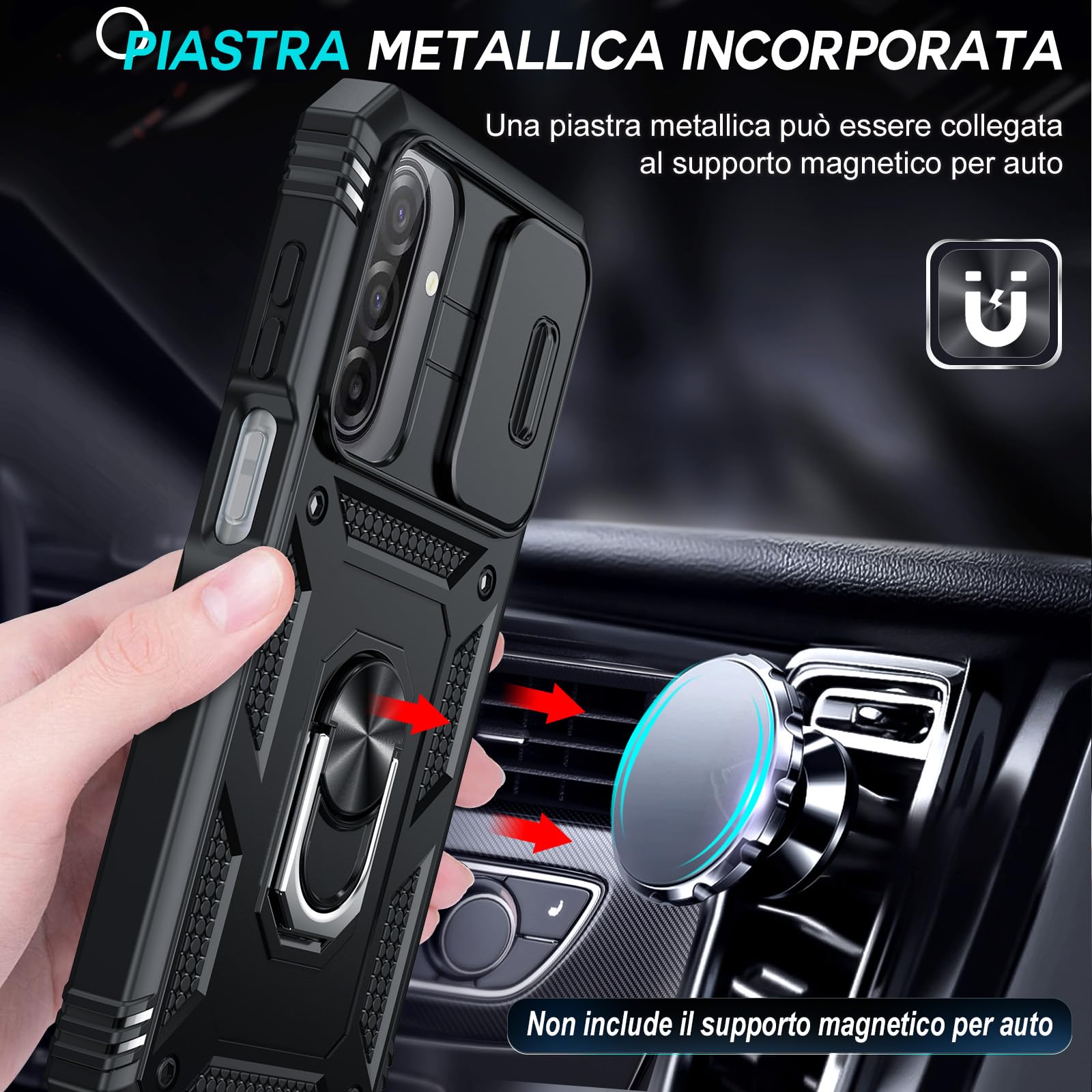 LeYi Cover per Samsung A17 5G con Vetro Temperato [2 Pack],Custodia per Samsung Galaxy A 17 con Protezione Fotocamera [Slidable] Antiurto Grado Militare 360° Anello Supporto TPU Bumper Case, Nero