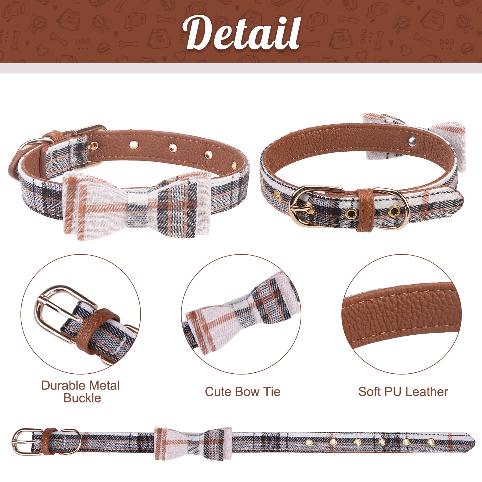 EXPAWLORER Hundeleine & Halsband-Set Mit Fliege – Karomuster, Verstellbar Für Kleine Hunde/Katzen, Beige XS