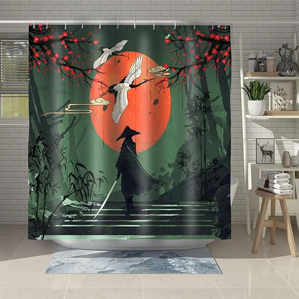 Gdmoon Japanese Samurai Anime Shower Curtain Cool Red Sun Cherry Blossom Flying Bird Asian Art Dark Green and Black Mens Polyester Fabric Home Bathroom Decor 72x78In