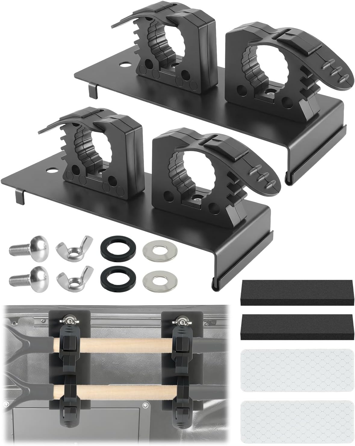 Bed Rail Tool Mount Brackets Fits for Toyota Tacoma, Heavy Duty Steel No-Drill Cargo Rail Mounts for Shovel Axe Hammer, Anti-Rust with Rubber Padding & Reflective Strips