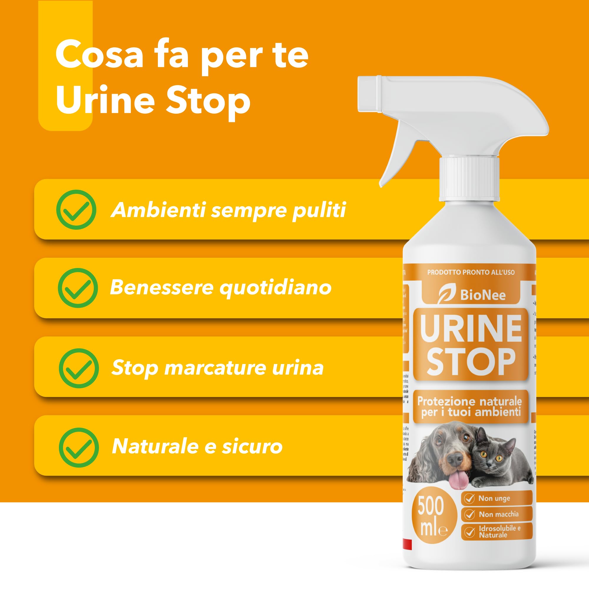 Bionee Urine Stop Spray Naturale per Cani e Gatti 500 ml – Doppia Azione: Disabituante agli Agrumi + Elimina Odori – Pronto all’Uso, Non Macchia, Sicuro per Ambienti Interni ed Esterni