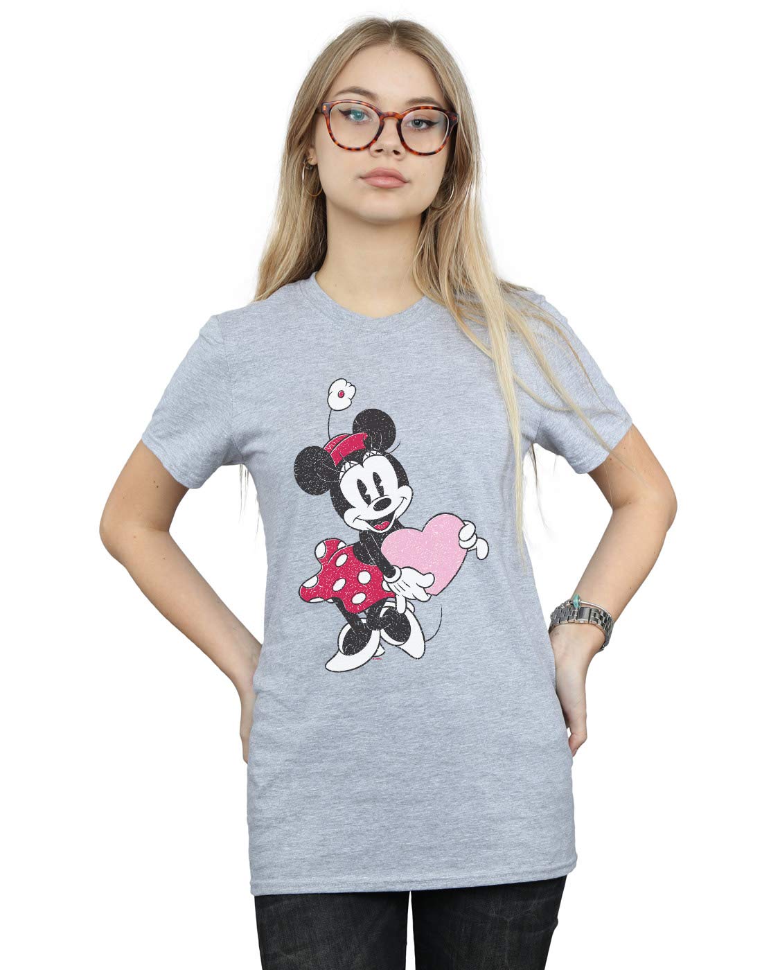 Absolute Cult Women's Sport Grey Disney Minnie Mouse Love Heart Boyfriend Fit T-Shirt Large