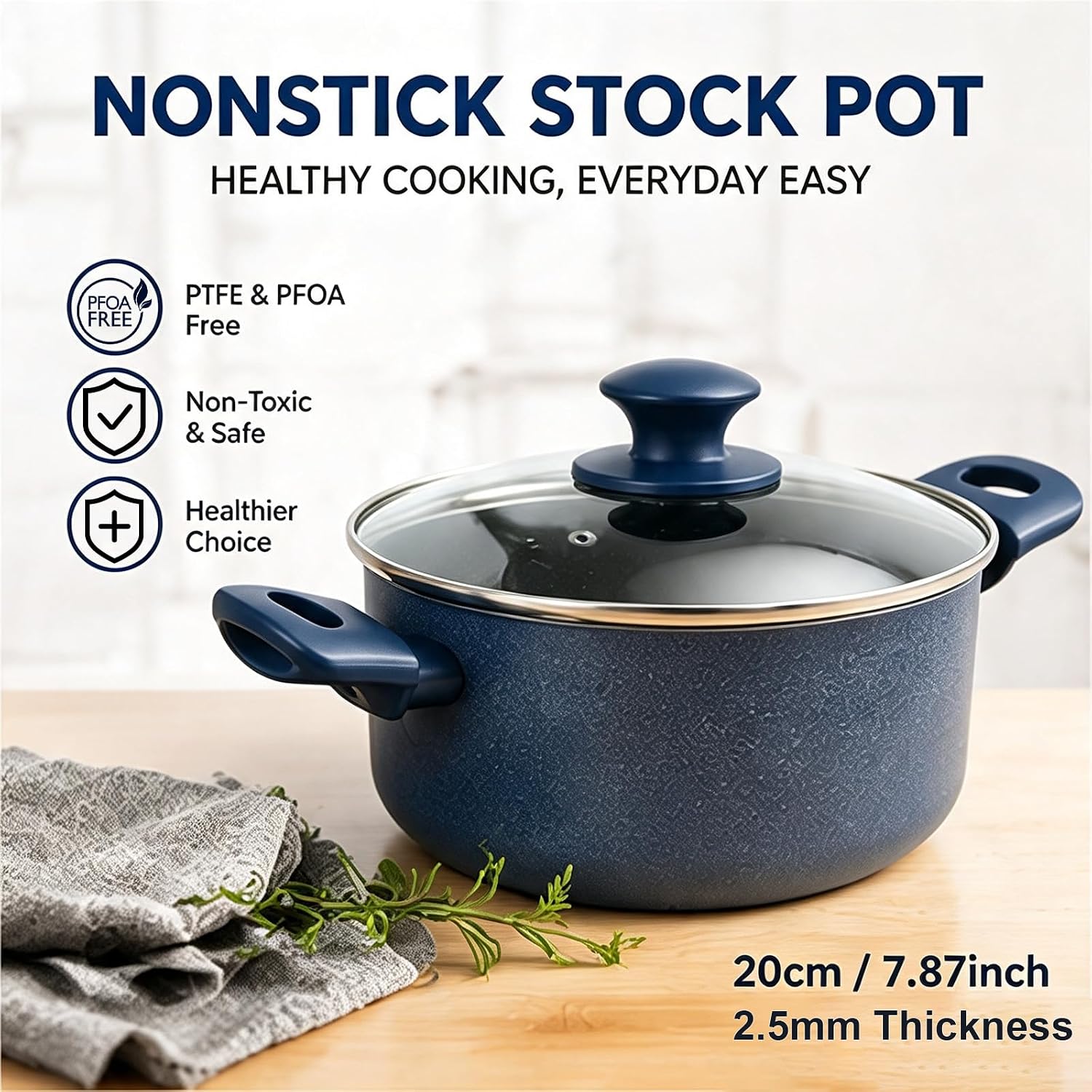 Non-Stick Saucepan with Glass Lid, 20 cm (3.32 quart) Granite Non-Stick Coating, Recycled Aluminium, Soft Touch Handle,Suitable for All Hobs Including Induction (Navy Blue)