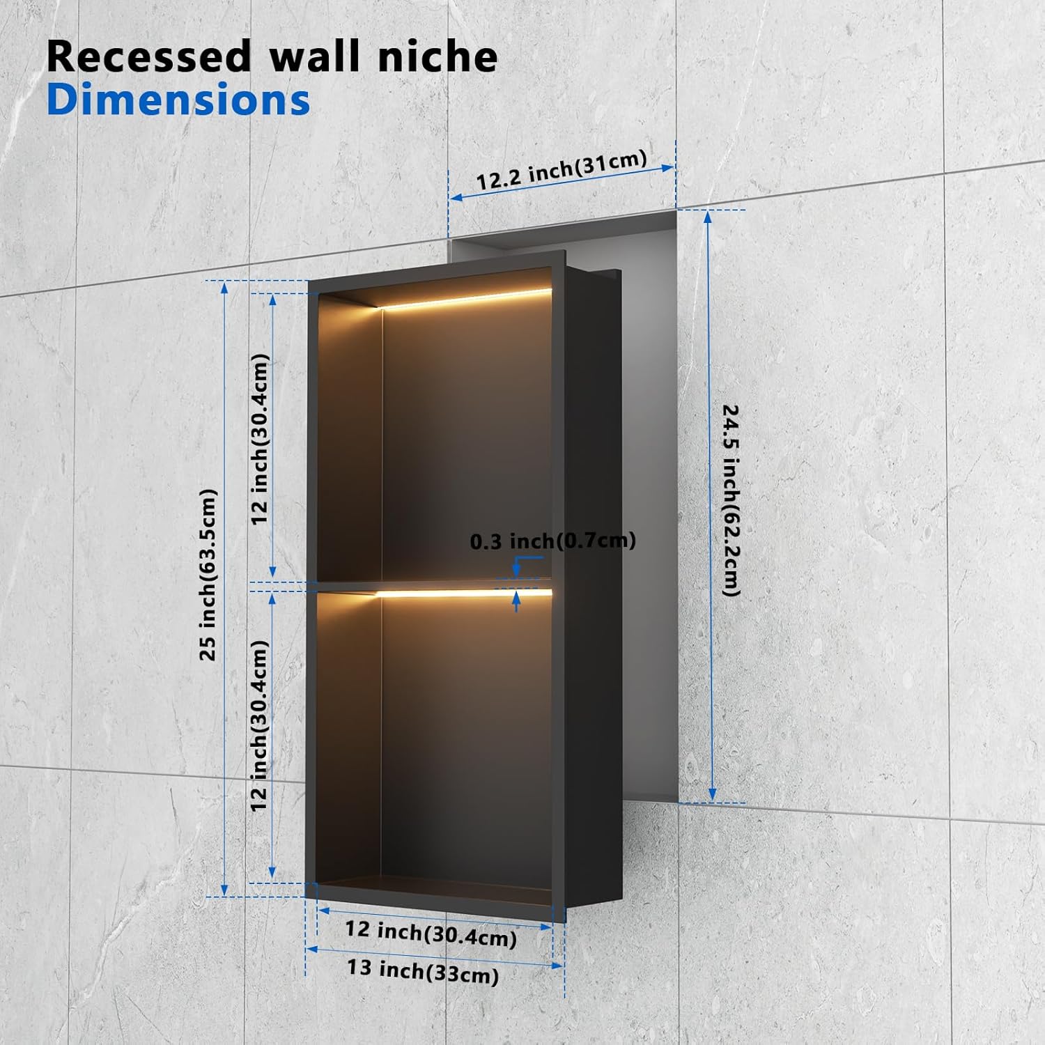QAOYEDE 24"x12" Stainless Steel Shower Niche 2-Tier Shelf, Matte Black with Waterproof LED Light, No Tile Needed Recessed Wall Organizer for Bathroom